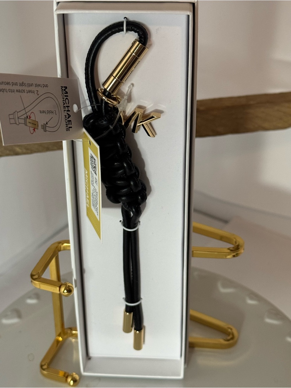 Michael Kors Black Braided Leather Key & Card Holder with Gold Hardware NIB